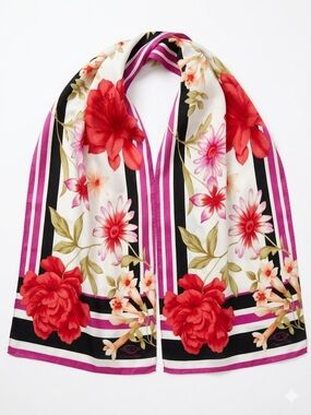 Oscar de la Renta Red, Pink & Black Floral Silk Scarf
